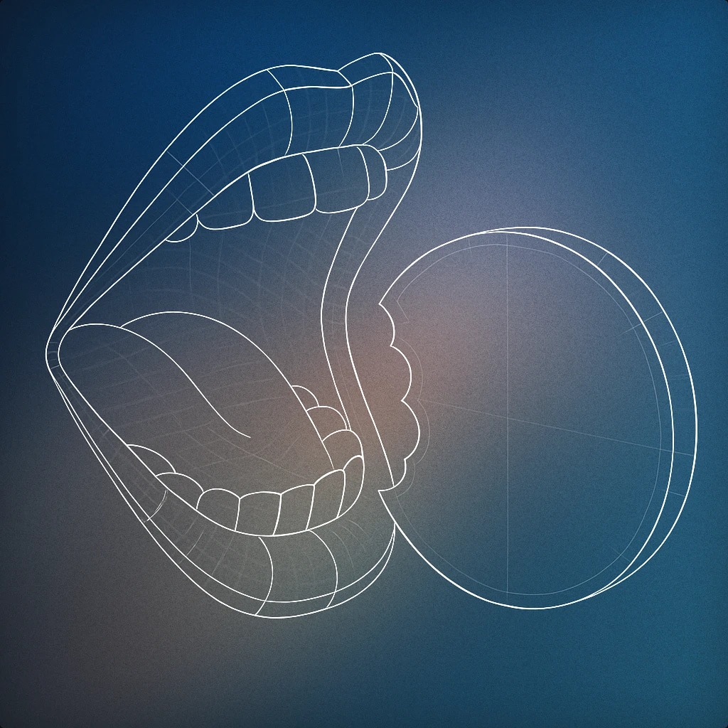 Cover of a stylized open mouth with a single, exaggerated bite mark taken out of a circular object (like a cookie or disc) held near it for Nom Nom Nom sound effects