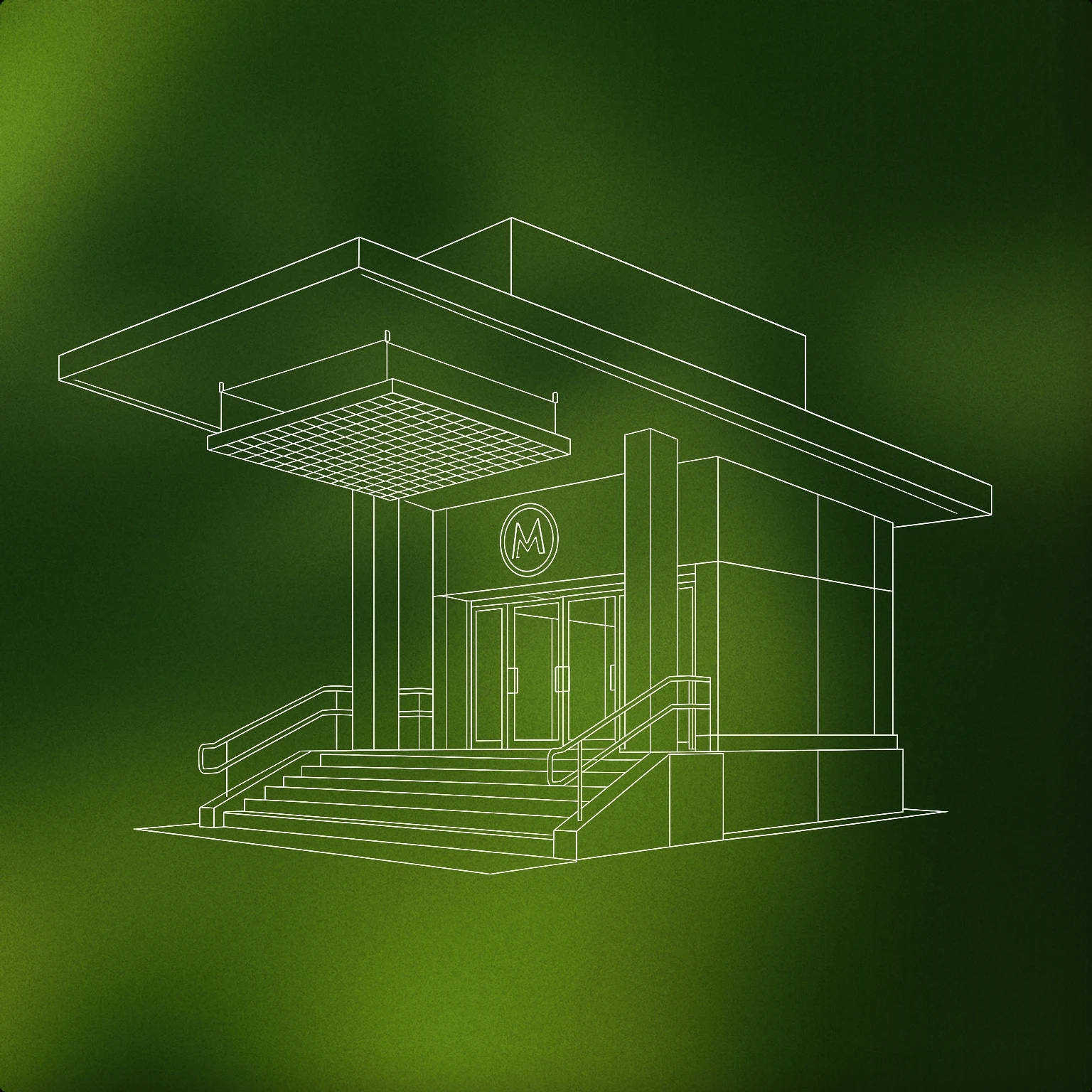 Cover of A stylized underground metro station entrance with a prominent overhanging canopy and a geometric sound absorber panel overhead for Metro sound effects