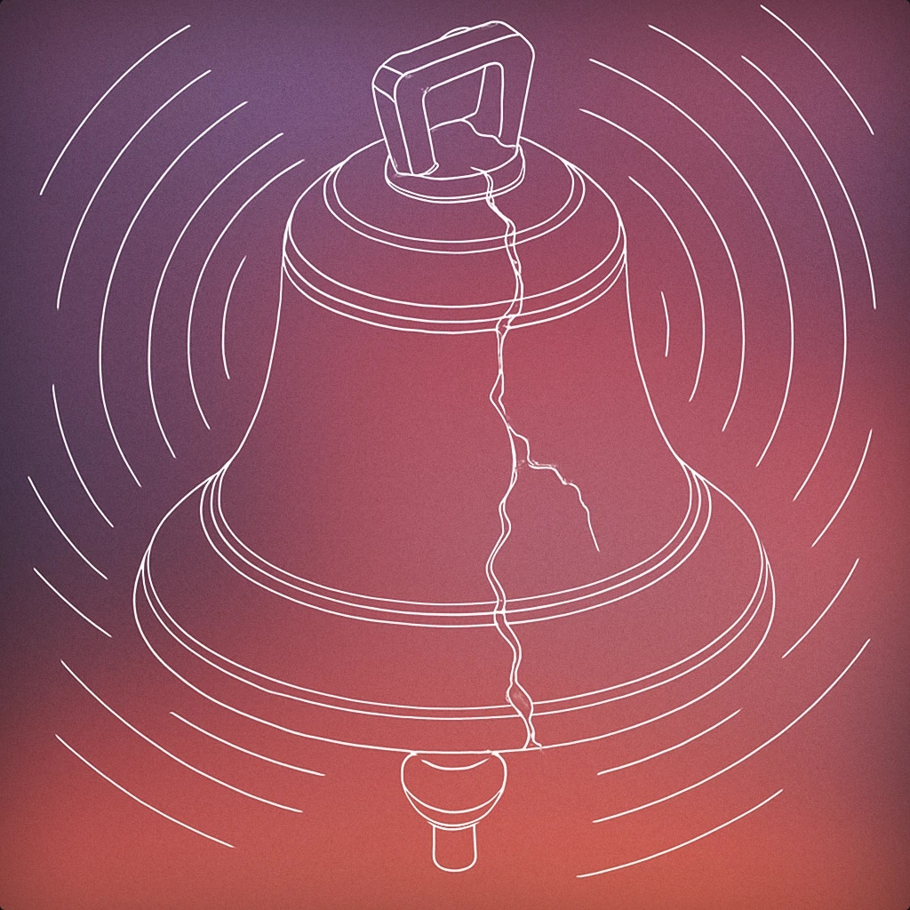 Cover of a large, cracked bell suspended in mid-air with visible vibration lines radiating outward for Dramatic Boom sound effects