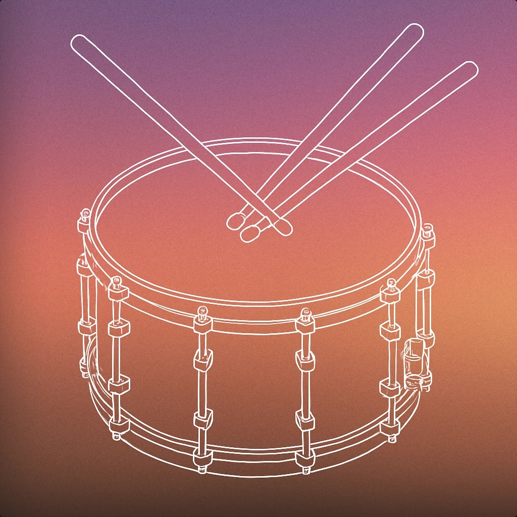 Cover of a single snare drum with a pair of drumsticks poised above it, mid-strike for Drumroll sound effects