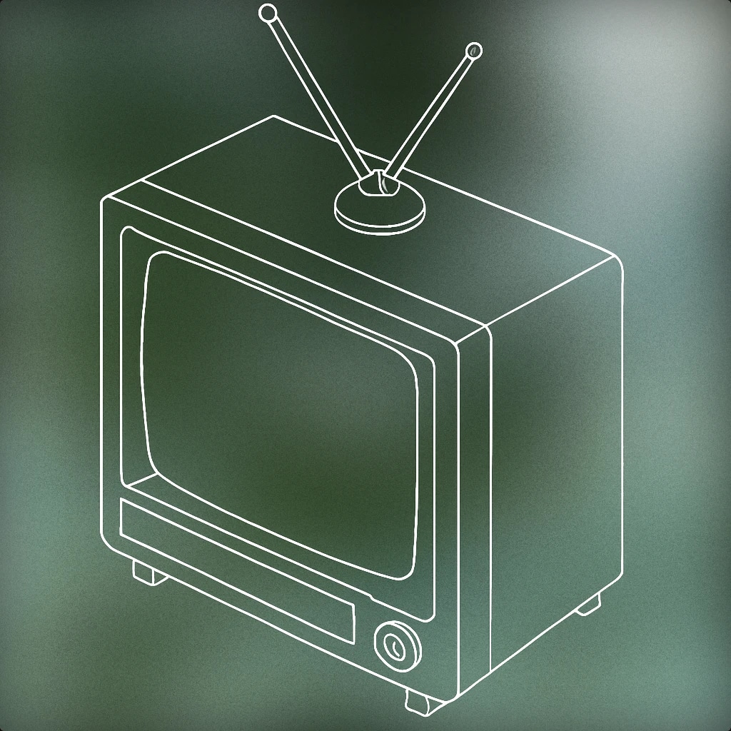 Cover of retro television with a single power button in the off position and a faint outline of a silent screen for TV Turn Off sound effects