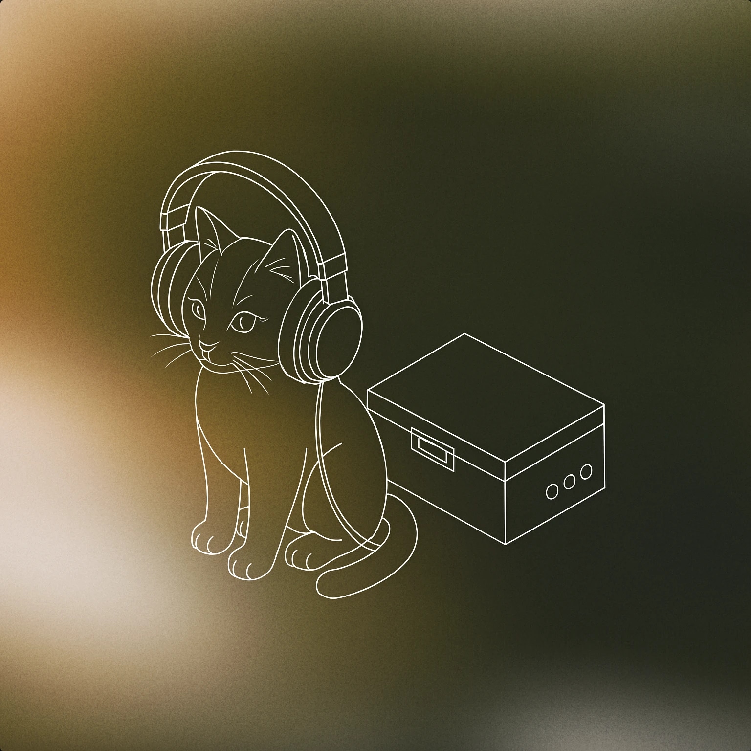 Cover of A small cat with oversized headphones sitting next to a closed music box for Cute sound effects