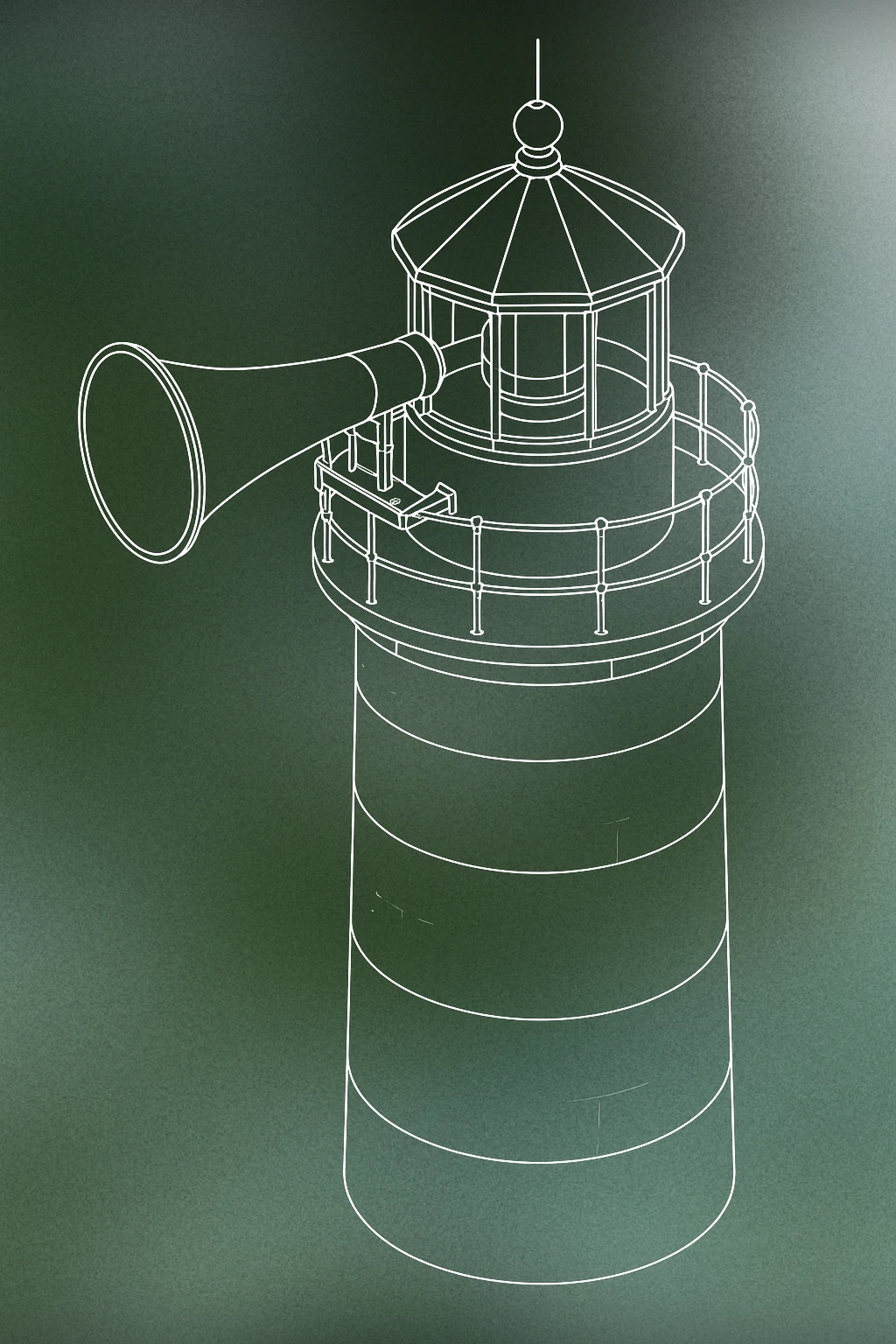 Cover of large maritime foghorn mounted on a cylindrical lighthouse tower for Foghorn sound effects