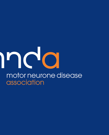 Logo of the motor neurone disease association with the text "mnda" and "motor neurone disease association" on a blue background.