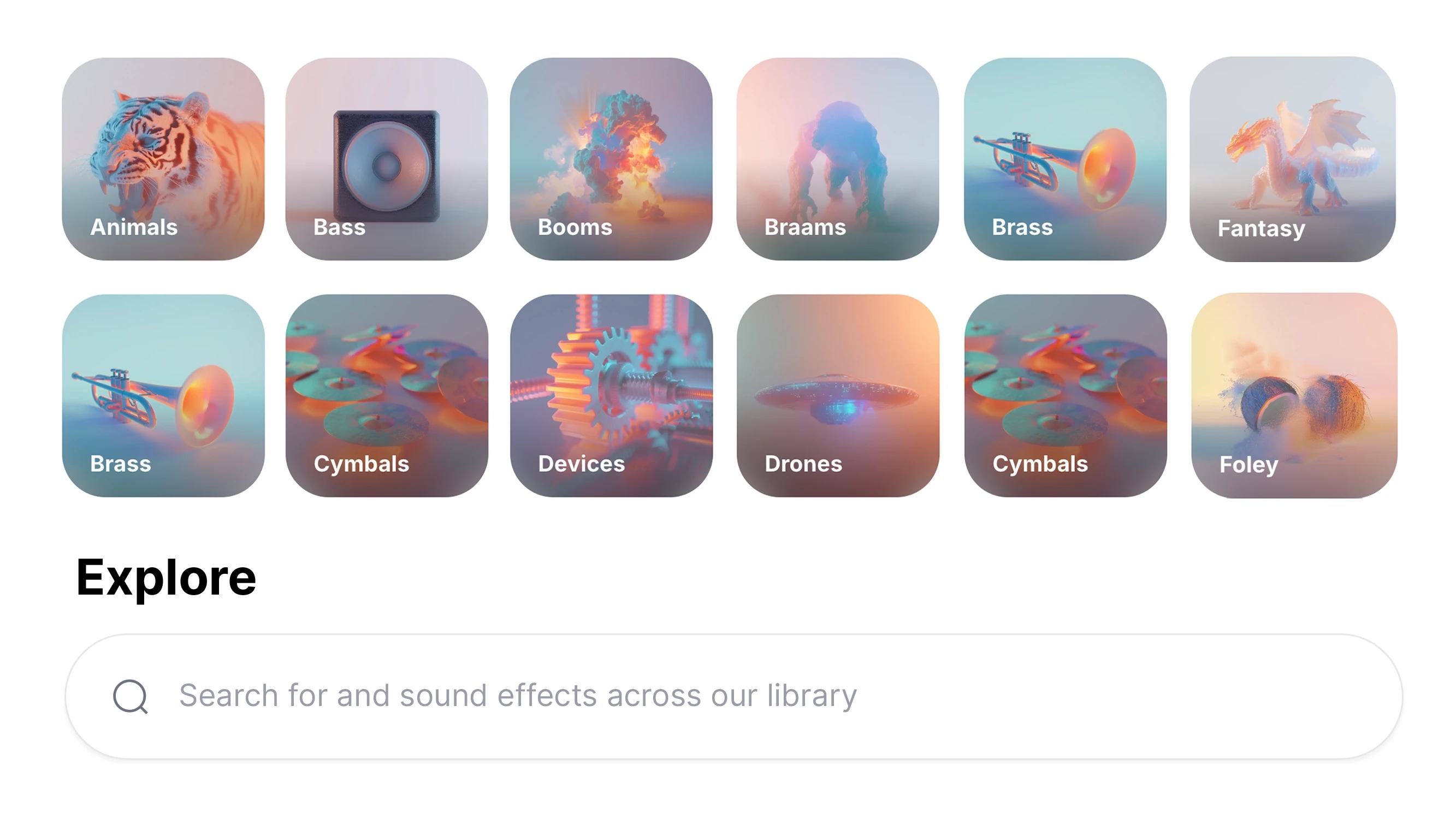 A grid of sound effect categories including Animals, Bass, Booms, Braams, Brass, Fantasy, Cymbals, Devices, Drones, and Foley, each represented by colorful, abstract images.