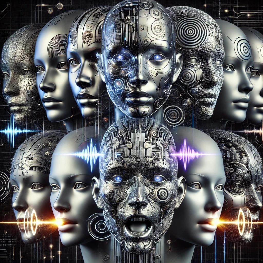 Multiple futuristic, robotic human faces with metallic and digital features, arranged in a collage.