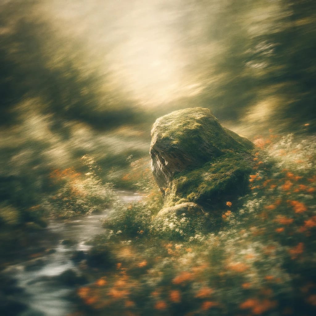 Stylized scene featuring moss-covered boulder jutting from a sun-dappled forest floor, rendered in deep forest green, off-white, and warm orange