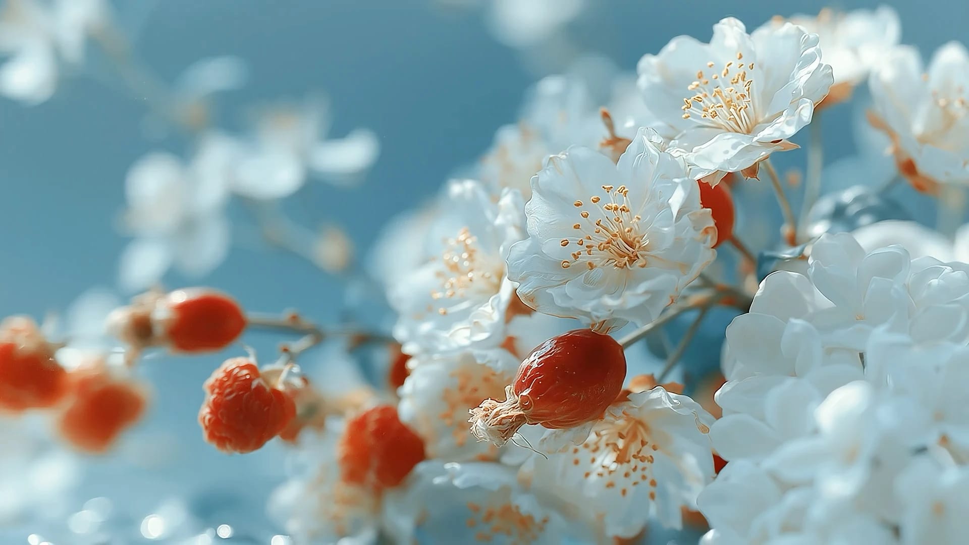 Video macro di un’ape che entra nell’inquadratura e si posa su un fiore bianco circondato da piccole bacche rosse. Profondità di campo ridotta, primo piano dettagliato, slow motion.
