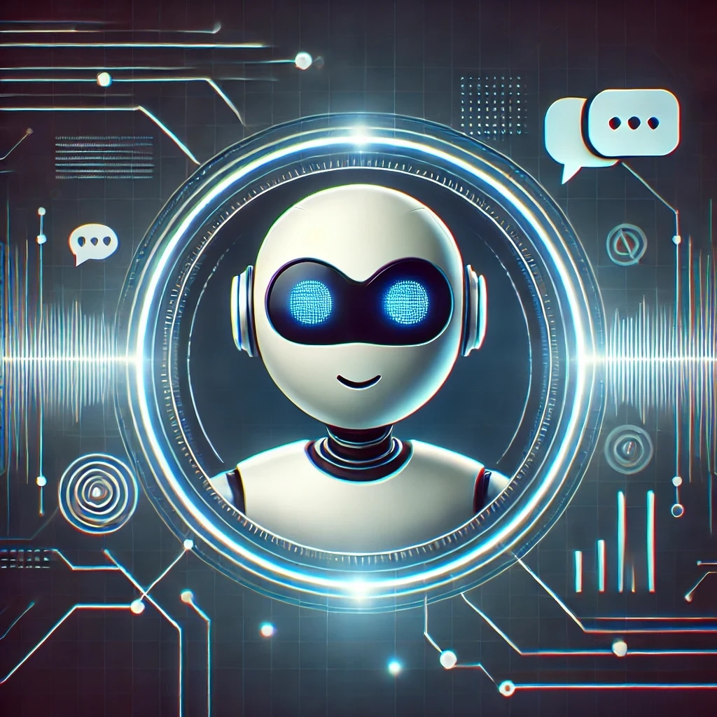A robot with a friendly face and glowing blue eyes surrounded by digital interface elements and chat icons.