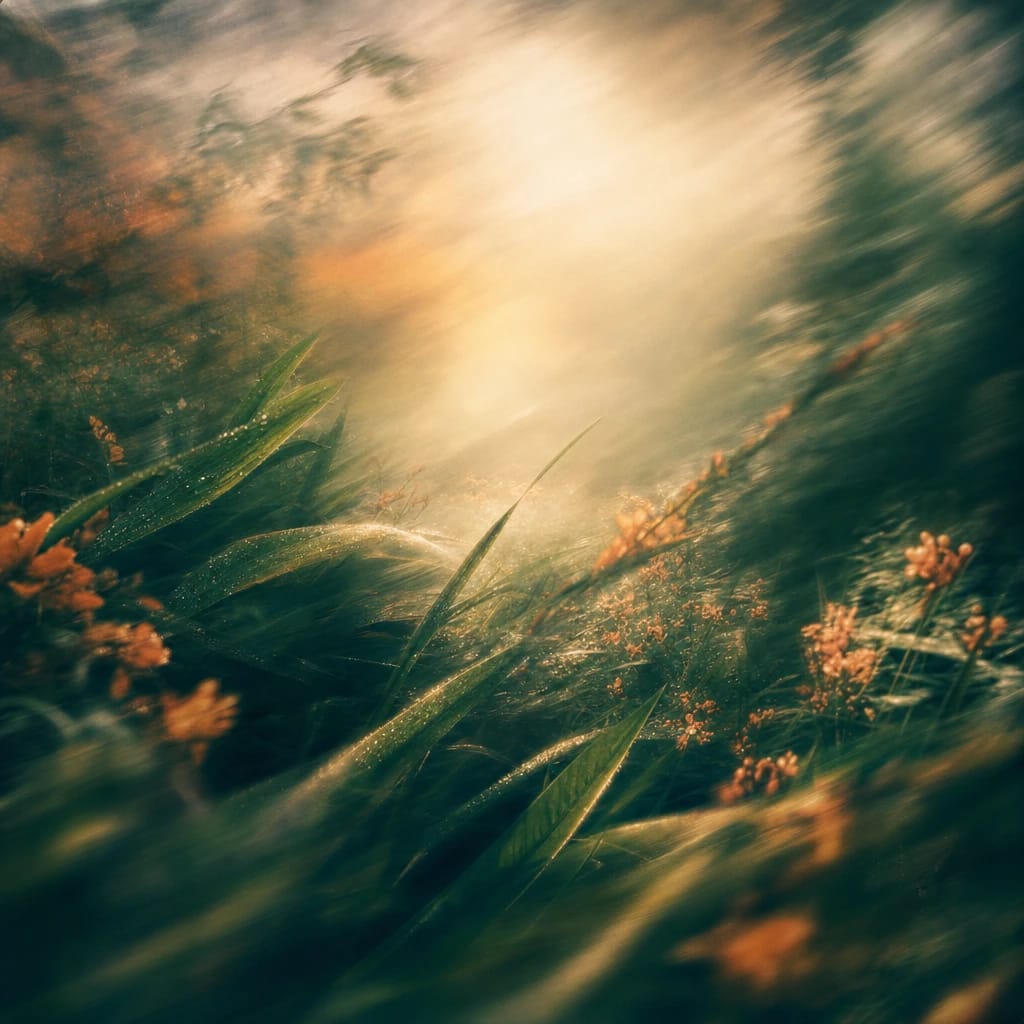 Stylized scene featuring sharp, dew-covered leaves in a dense, sun-dappled underbrush, rendered in deep forest green, off-white, and warm orange