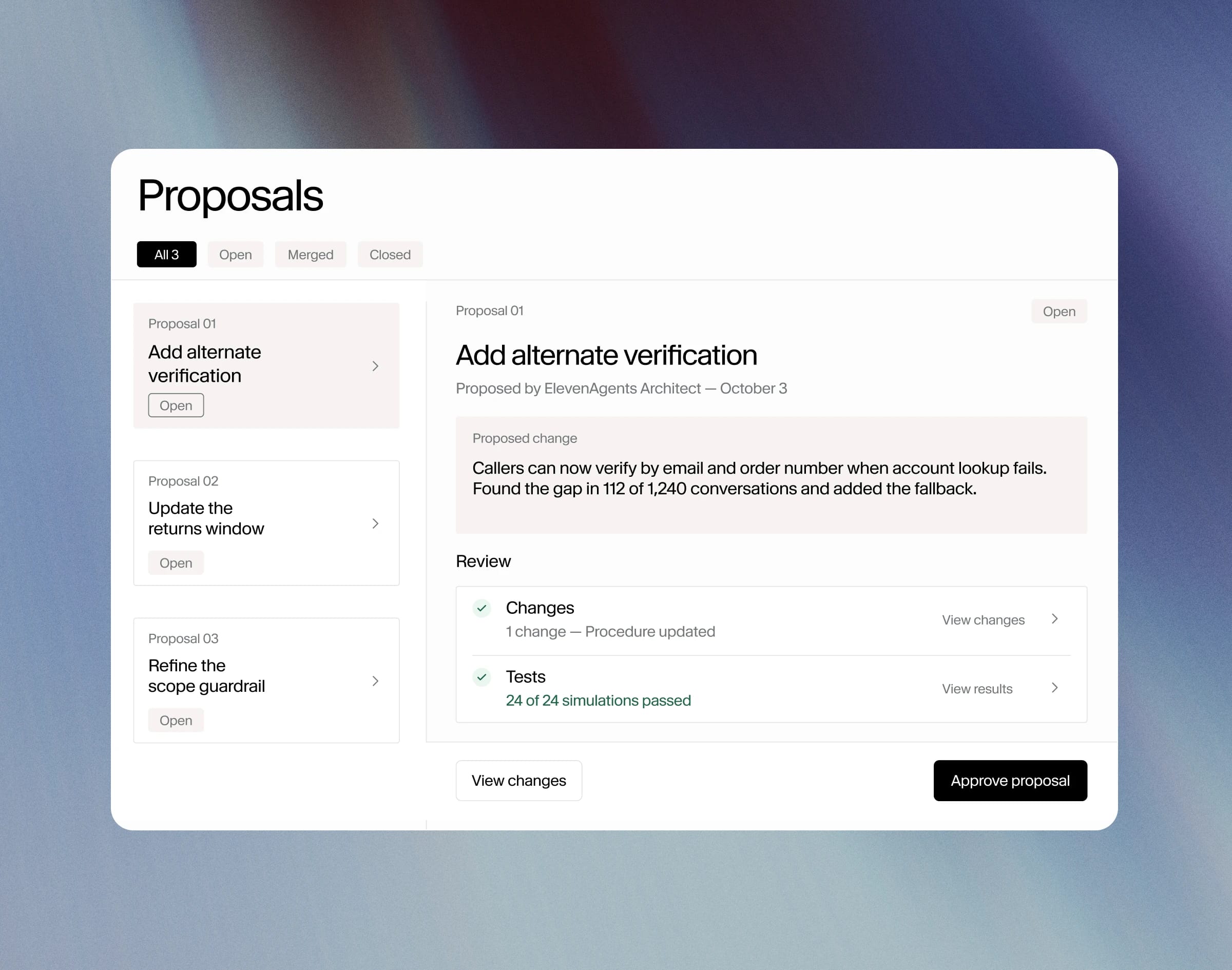 Proposals dashboard showing an open verification proposal with passed tests and approval button.