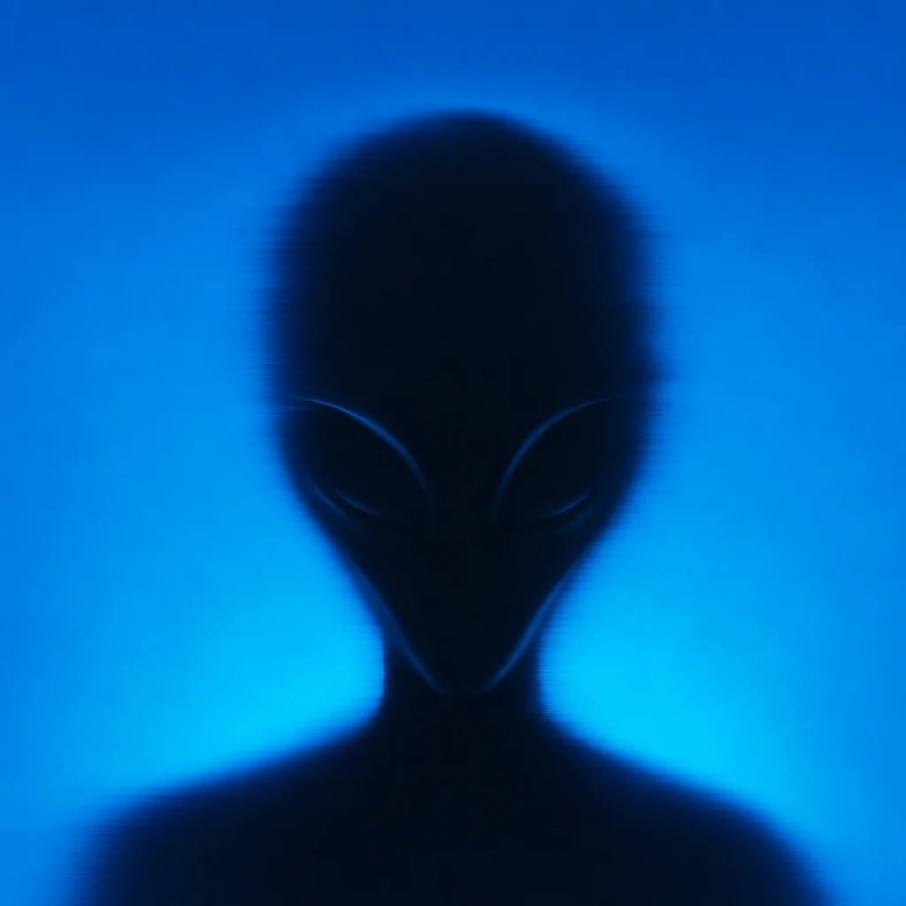 Stylized scene featuring silhouetted alien head with large eyes, rendered in #004CB6