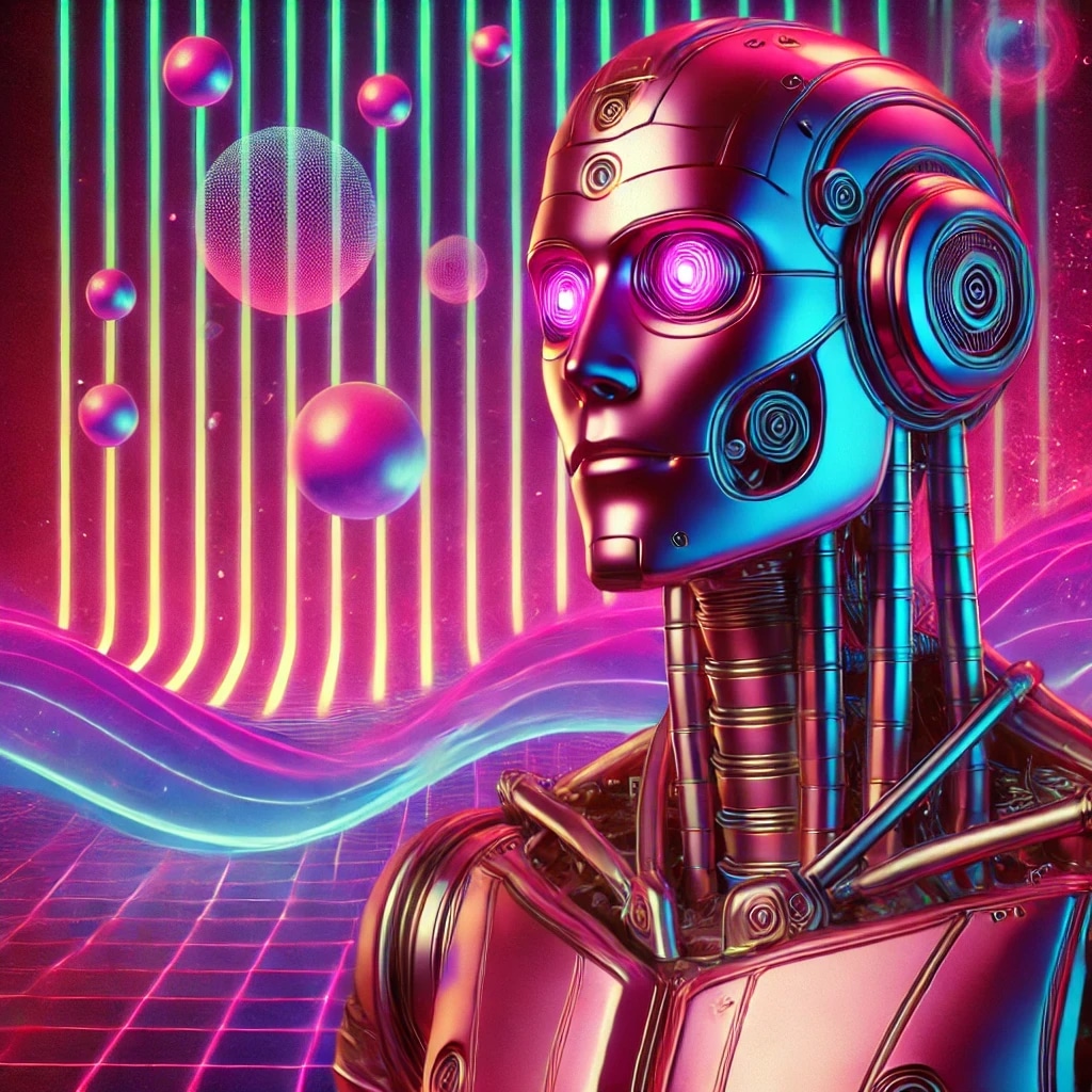 A futuristic robot with glowing pink eyes and metallic body in a neon-lit digital landscape.