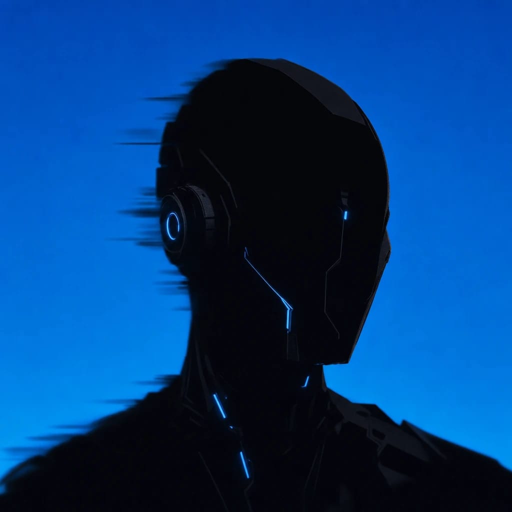 Stylized scene featuring detailed futuristic cyborg portrait, rendered in #004CB6
