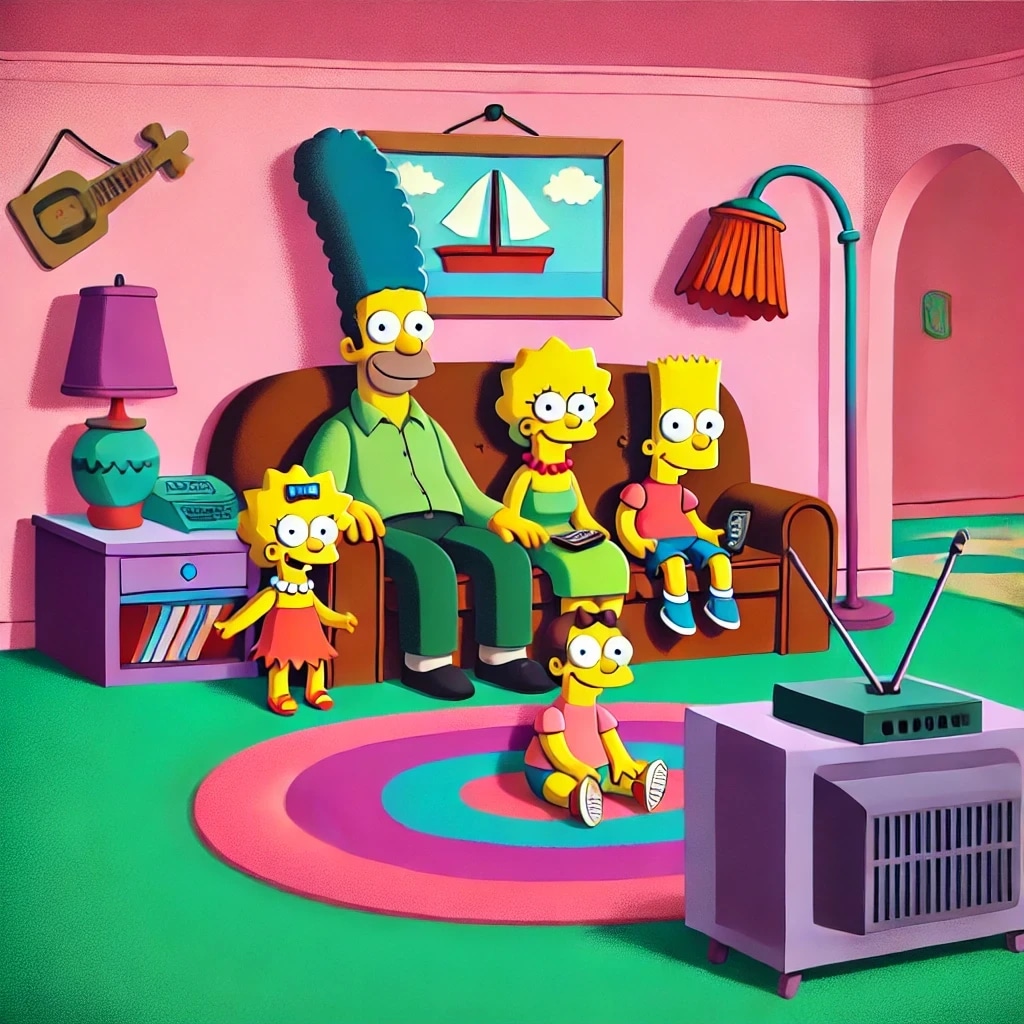 The Simpson family sitting on their living room couch watching TV.