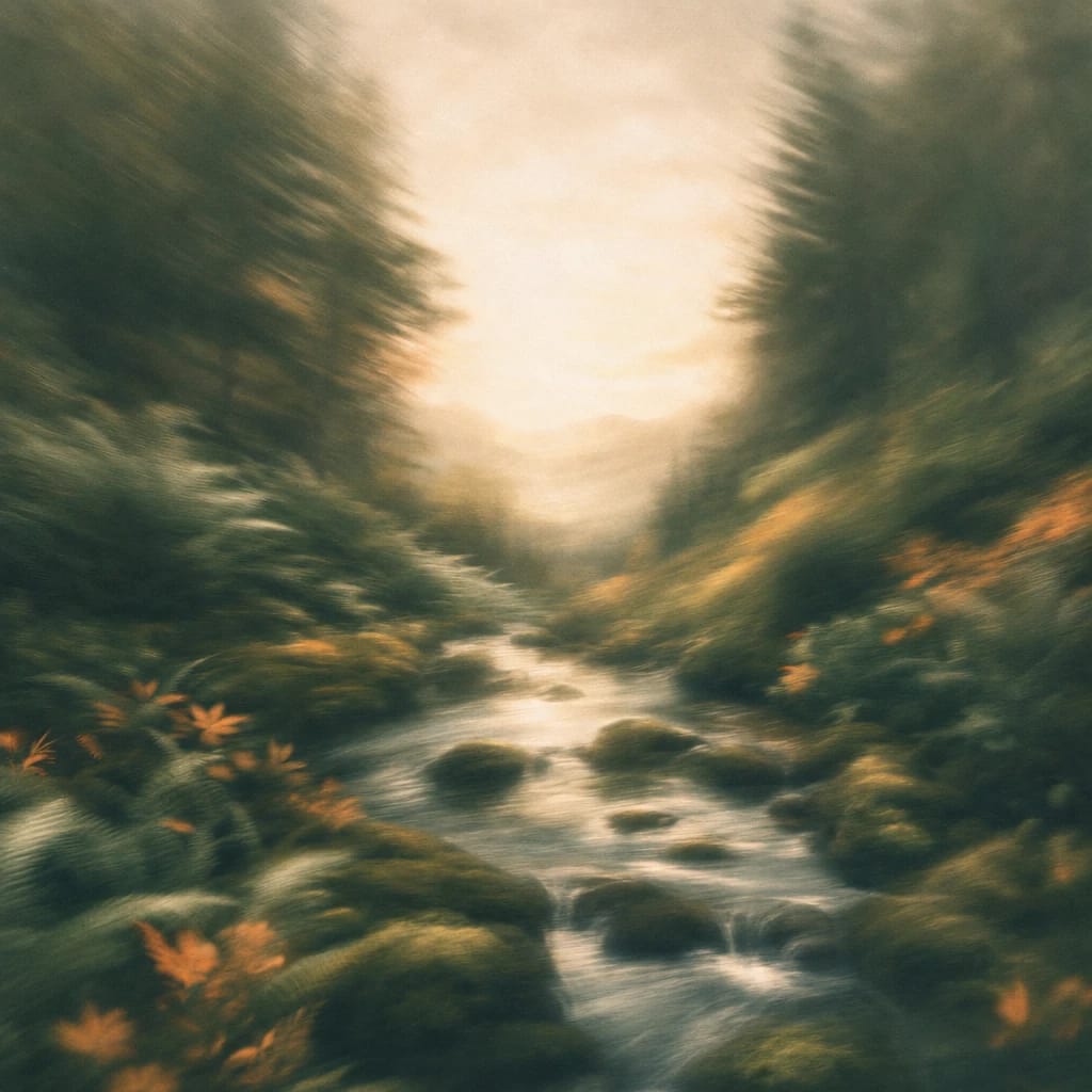 Stylized scene featuring gentle river winding through lush ferns and mossy stones under a softly lit forest canopy, rendered in deep forest green, off-white, and warm orange