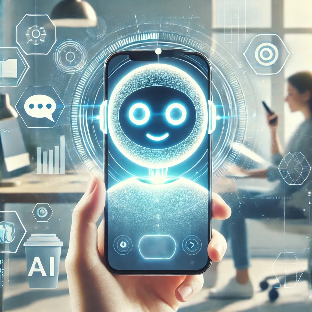 A person holding a smartphone with a digital robot face on the screen, surrounded by holographic icons and graphics representing AI technology.