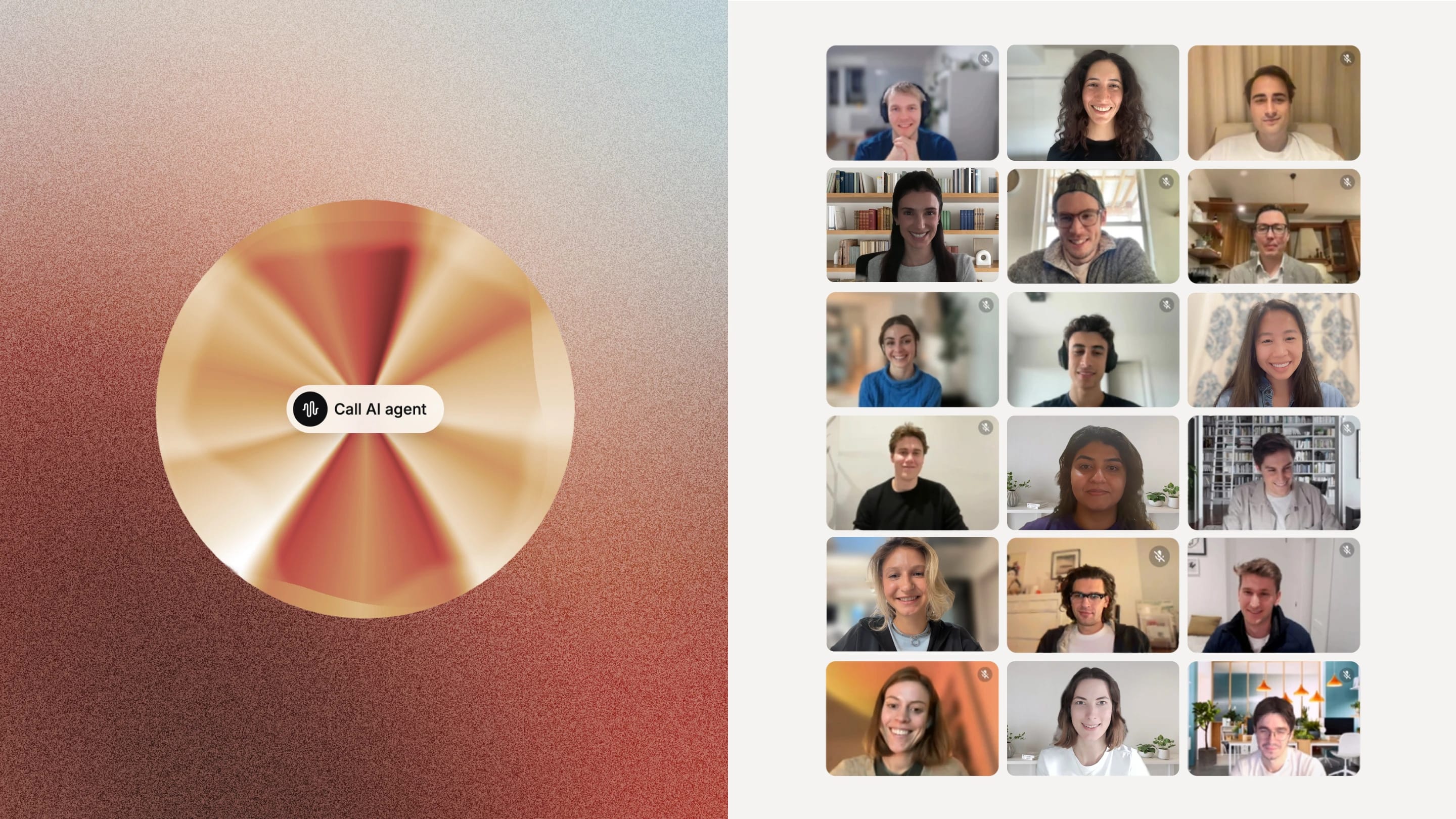 On the left side: ElevenLabs Agent icon on an orange and blue background. On the right side: A thumbnail photo grid of sixteen different ElevenLabs employees, arranged in a four-by-four grid, participating in a video conference or virtual meeting.