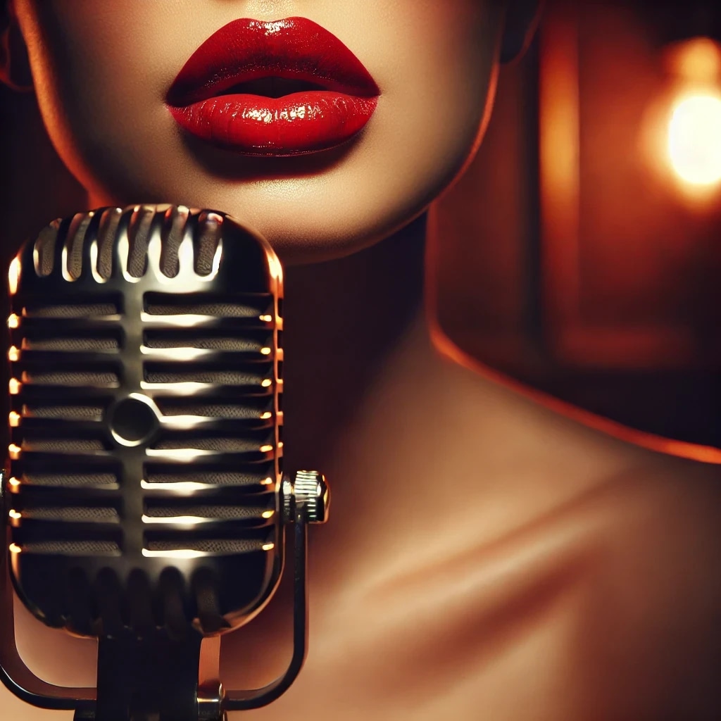 Close-up of a woman's lips with red lipstick and a vintage microphone in front of her face.