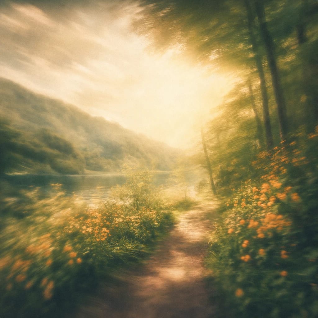 Stylized scene featuring two friends walking along a sun-dappled forest path lined with wildflowers, rendered in deep forest green, off-white, and warm orange