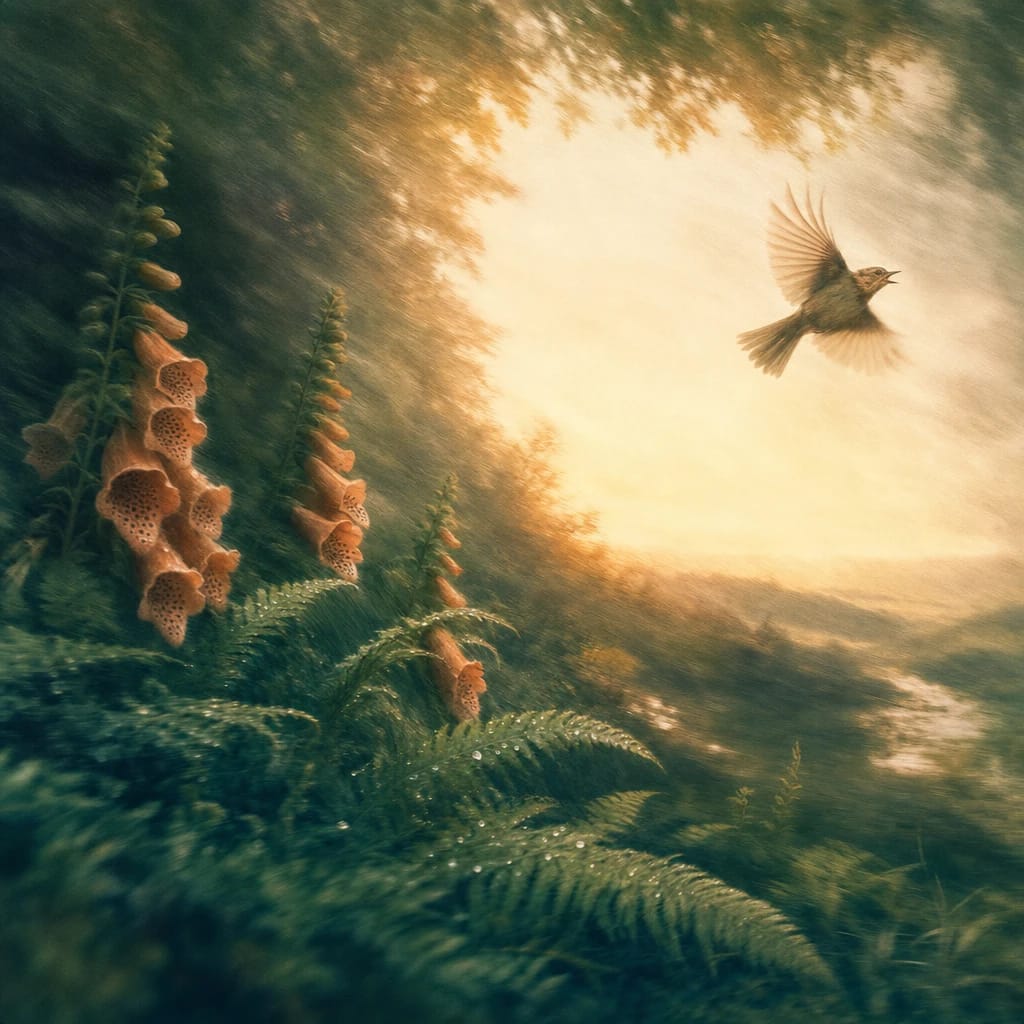 Stylized scene featuring a cluster of foxgloves unfolding among dew-covered ferns beneath a canopy of sunlit leaves, a startled songbird taking flight, rendered in deep forest green, off-white, and warm orange