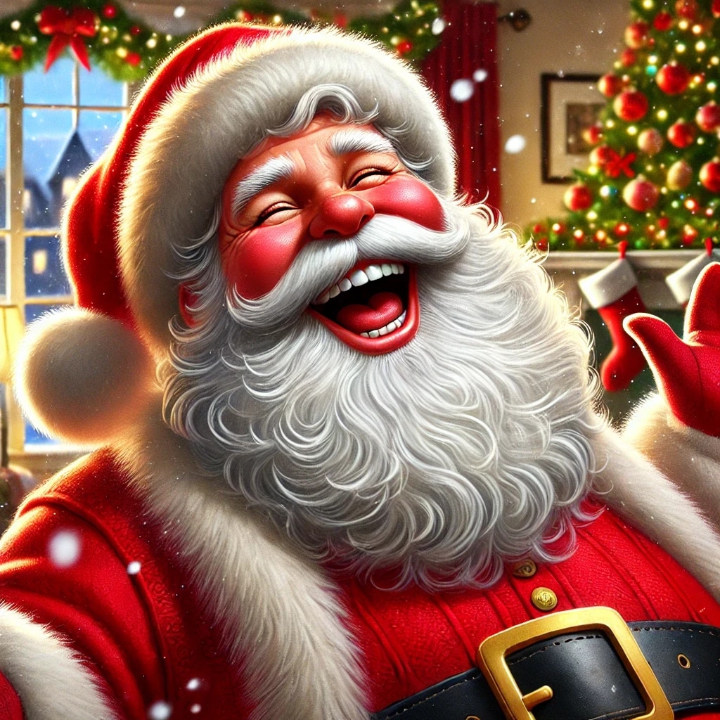 A joyful Santa Claus laughing with a Christmas tree and stockings in the background.