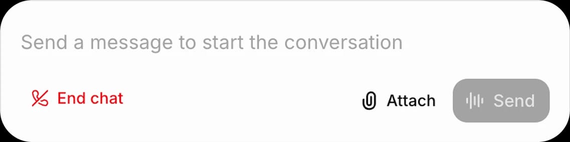 Chat interface with an empty message field, attachment option, disabled Send button, and End chat control.