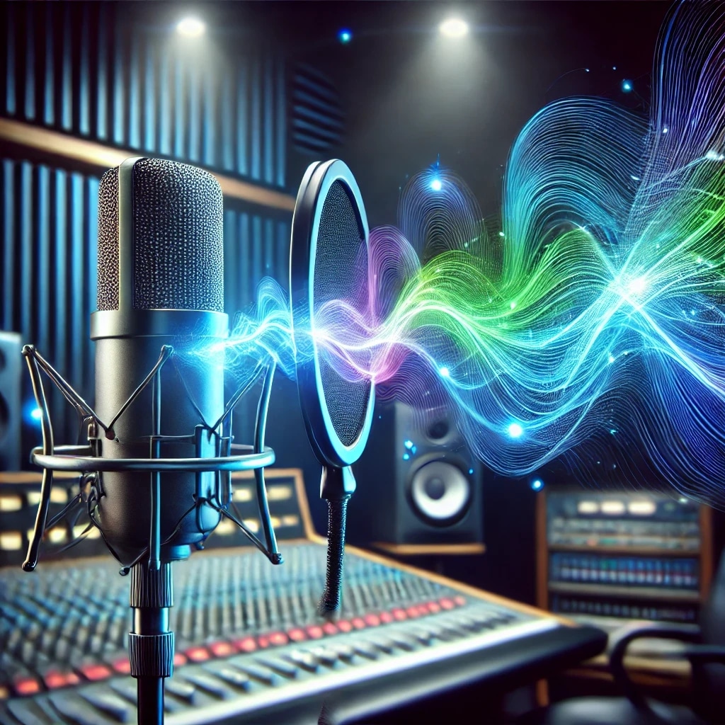 A professional recording studio with a microphone, pop filter, sound mixing console, and colorful digital sound waves.
