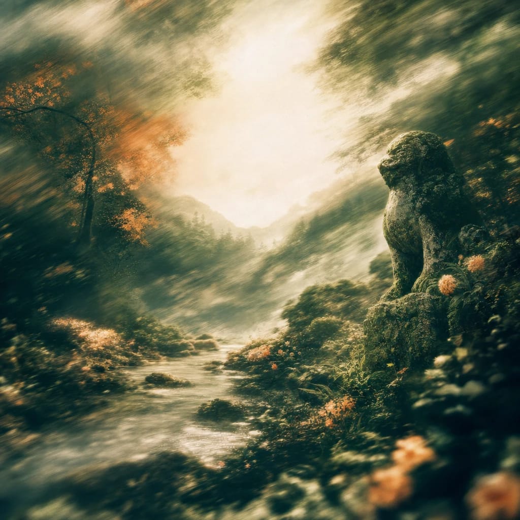 Stylized scene featuring a weathered stone guardian statue standing amid tangled forest undergrowth, sunlight streaming through dense foliage, rendered in deep forest green, off-white, and warm orange