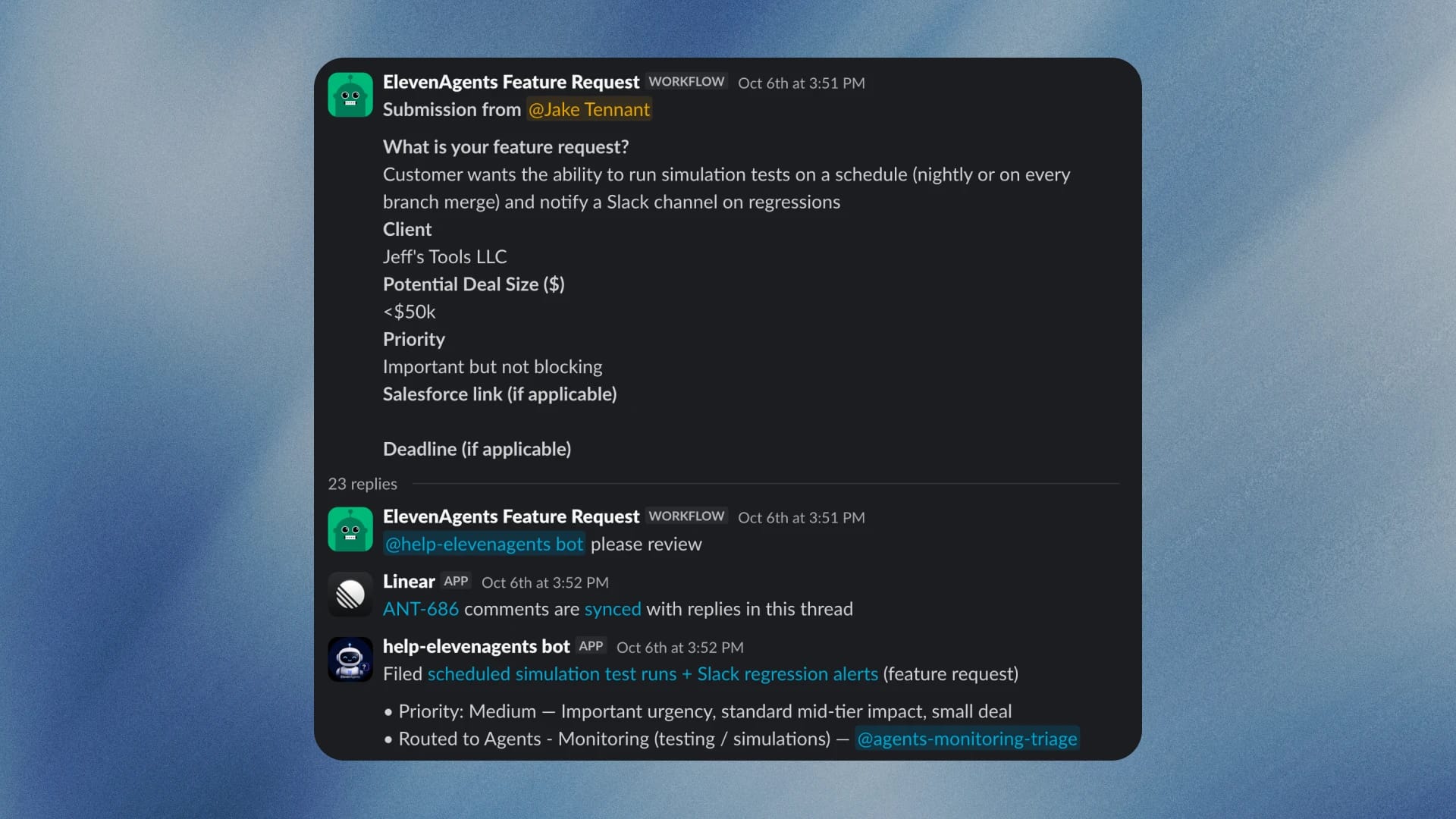 Slack feature request to schedule simulation tests and send alerts for regressions.