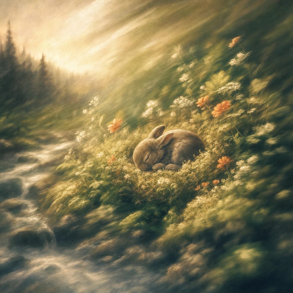 Stylized scene featuring a cluster of soft moss and woodland wildflowers cradling a curled baby bunny under filtered sunlight, rendered in deep forest green, off-white, and warm orange