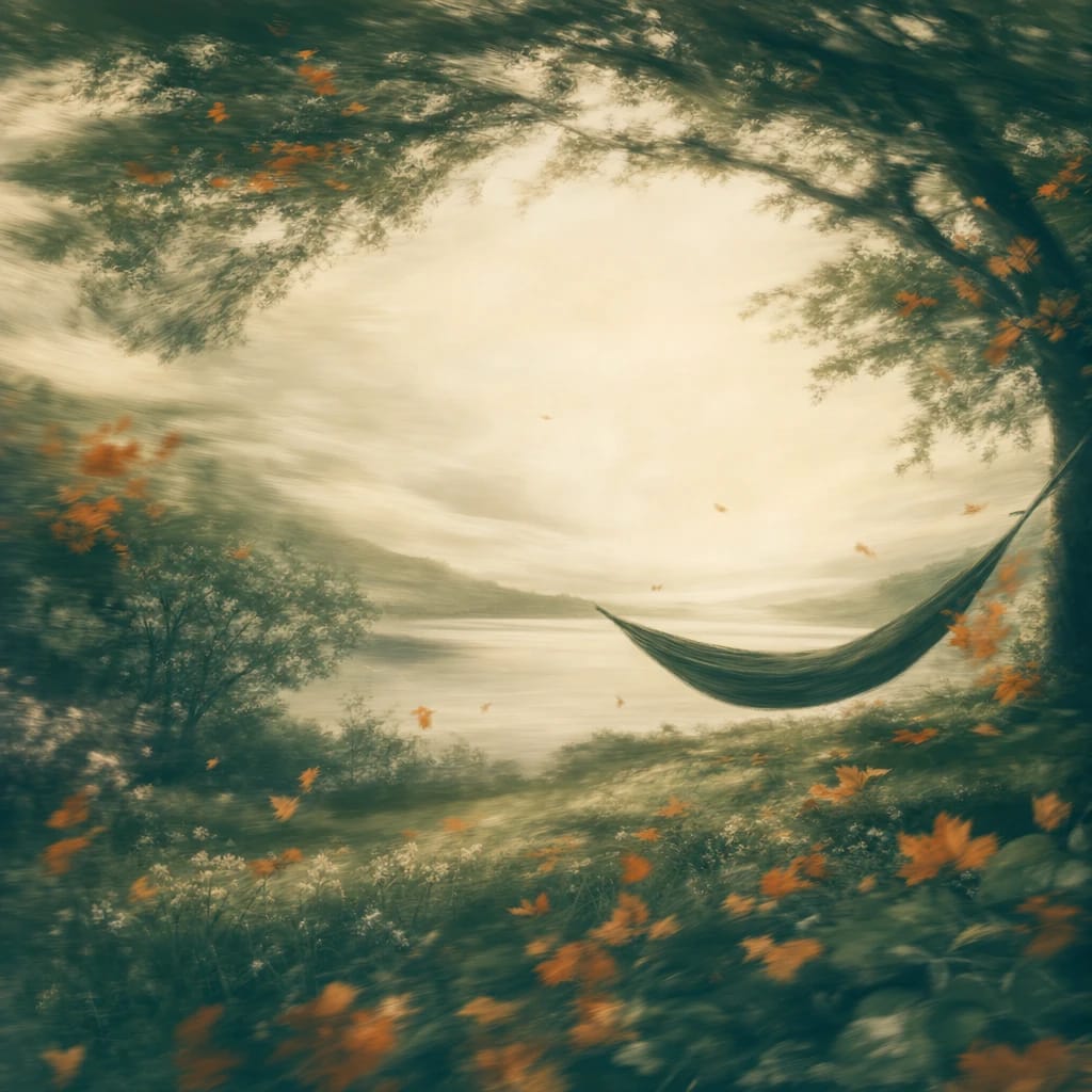 Stylized scene featuring a figure lounging in a hammock under leafy trees with scattered autumn leaves, rendered in deep forest green, off-white, and warm orange
