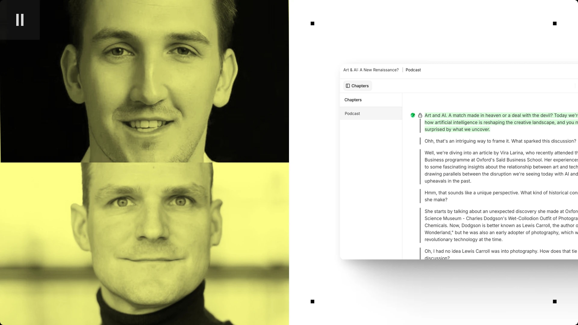 A split-screen image with a young man smiling on the top left and a middle-aged man with a serious expression on the bottom left, with a digital text conversation on the right side.