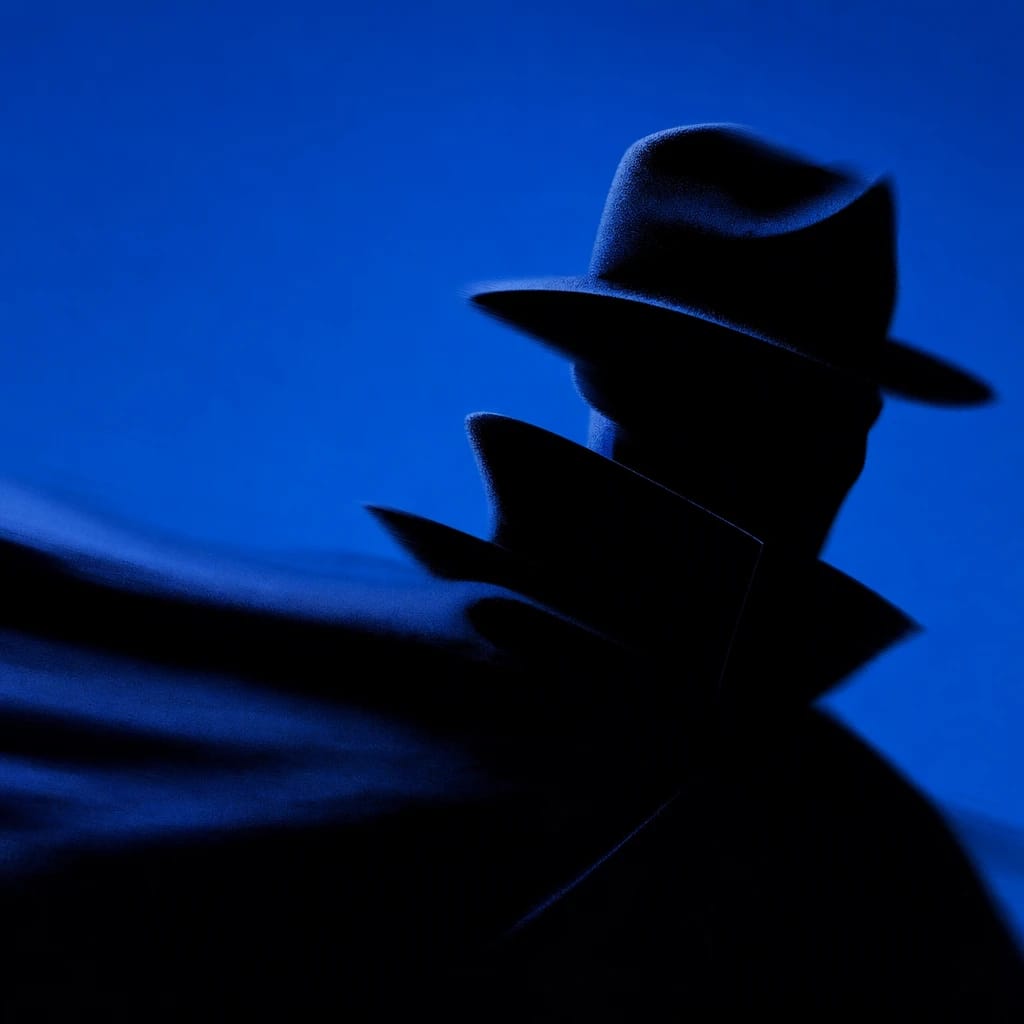 Stylized scene featuring confident caped figure in dynamic pose, rendered in #004CB6