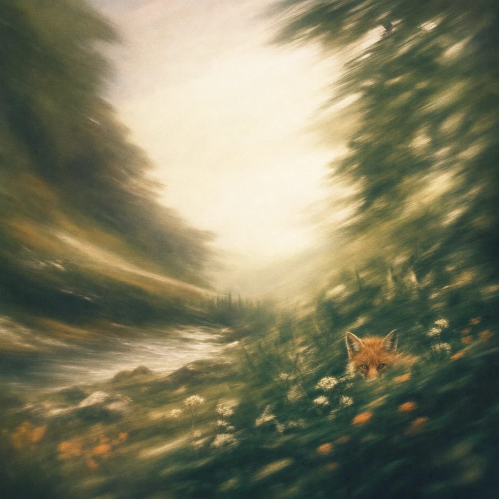 Stylized scene featuring a fox peeking out from lush forest undergrowth, sunlight dappling through the leaves, rendered in deep forest green, off-white, and warm orange
