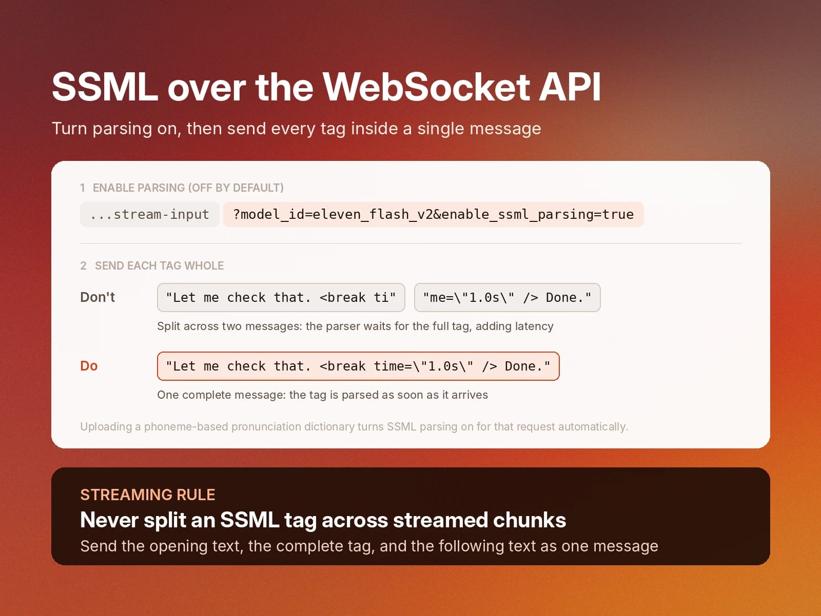 SSML WebSocket API guidance: enable parsing and send each SSML tag in one message.