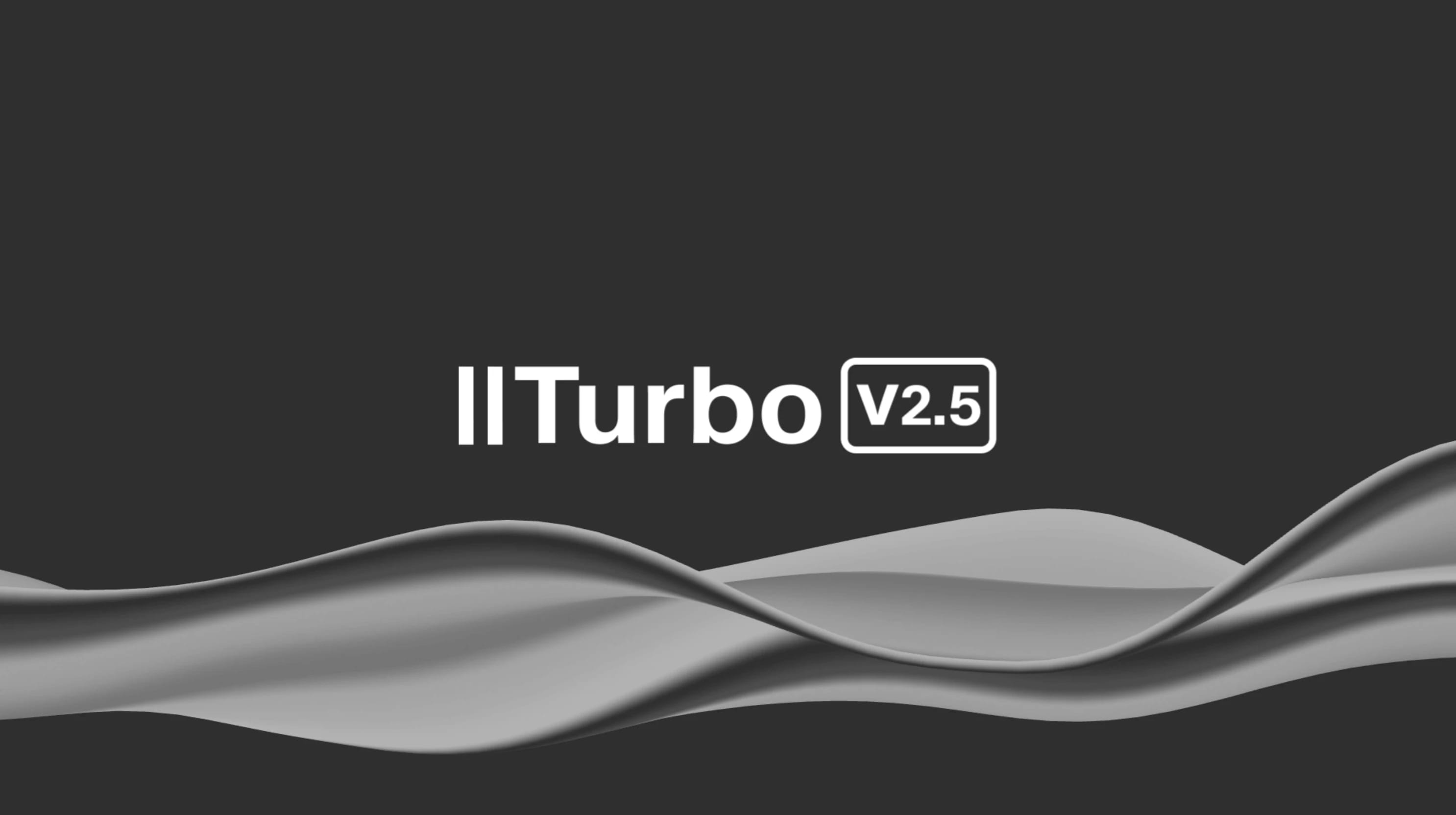 II Turbo v2.5 logo with gray flowing wave design on a dark background.