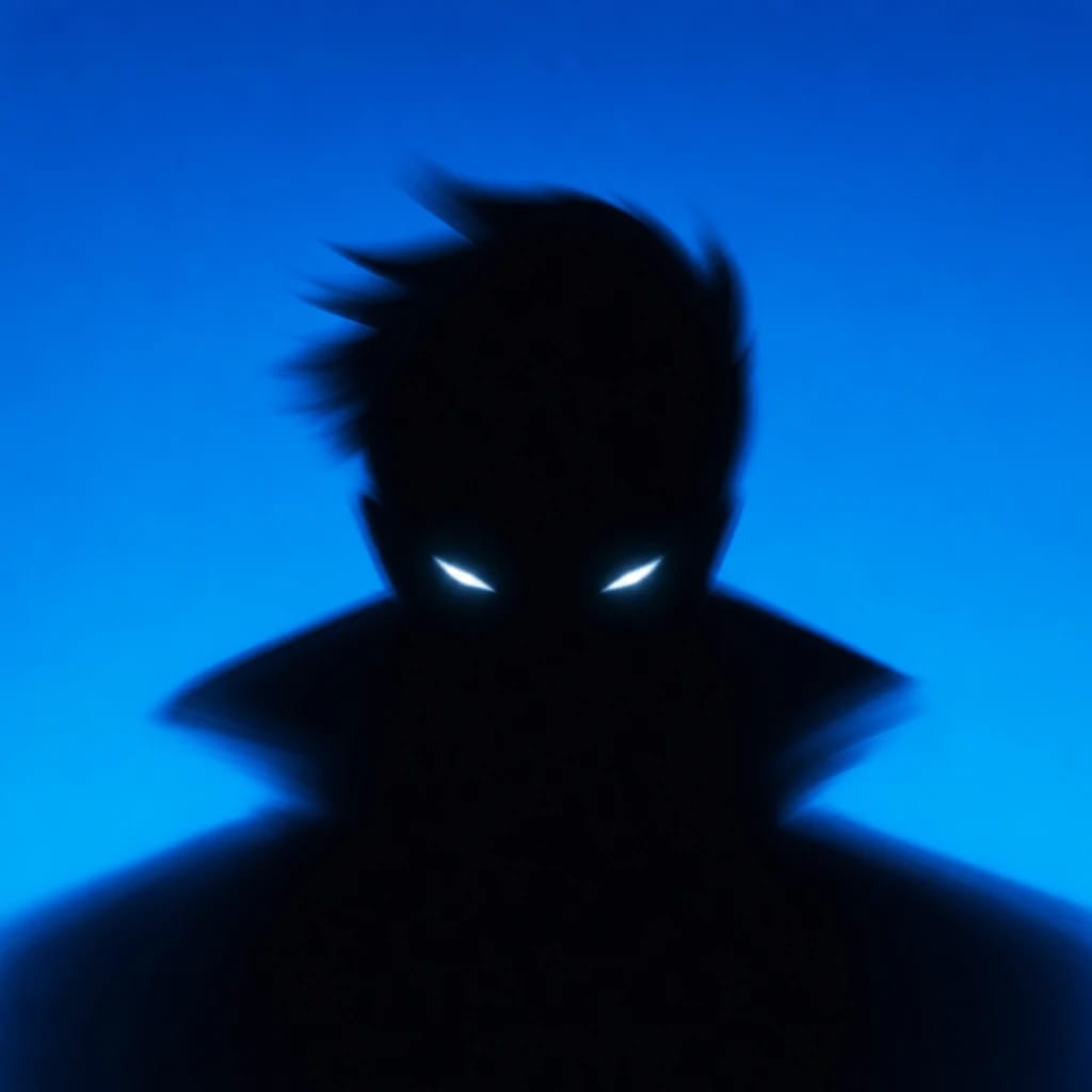 Stylized scene featuring sinister shadowy figure with glowing eyes, rendered in #004CB6