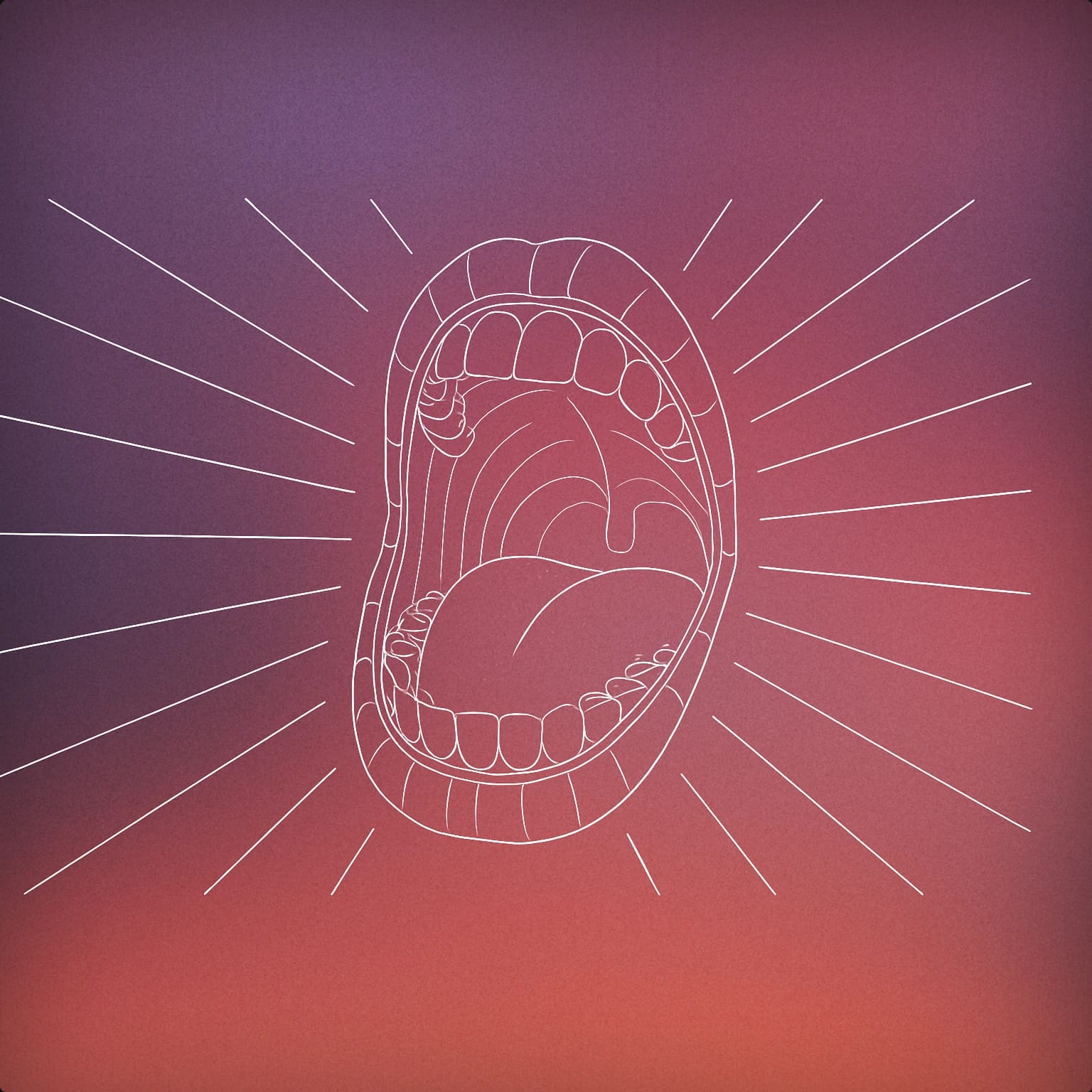 Cover of an open human mouth with stylized, exaggerated lines radiating outward to suggest intense vocalization for Screaming voice library