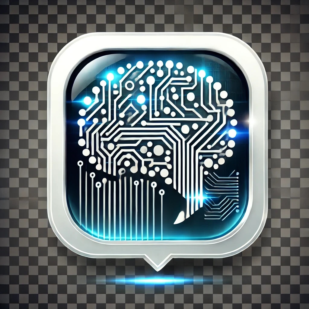 Icon of a speech bubble with a circuit board pattern inside, representing AI or chatbot technology.