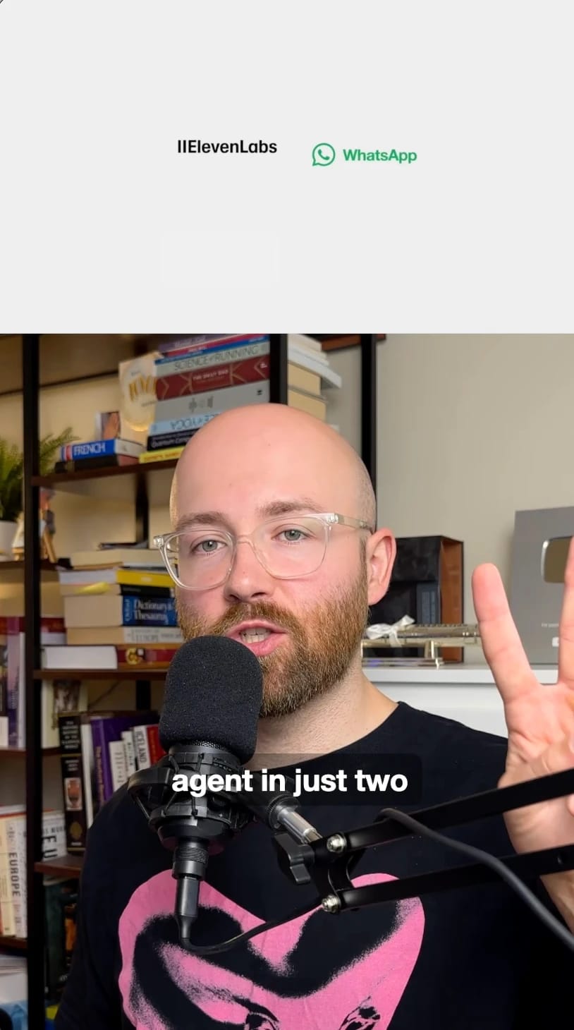 Man speaking into a microphone beneath ElevenLabs and WhatsApp logos.