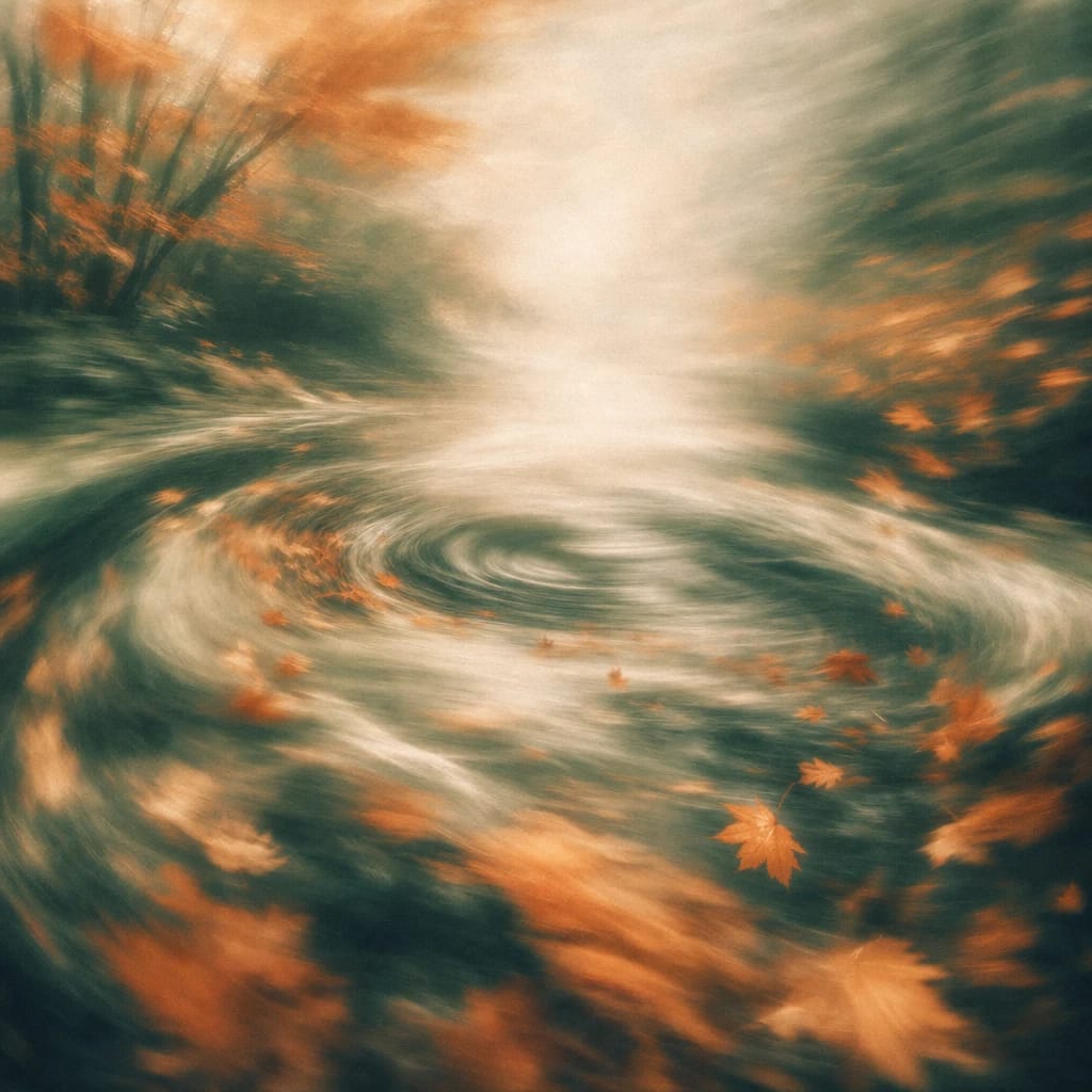 Stylized scene featuring swirling woodland stream with eddying orange maple leaves in motion, rendered in deep forest green, off-white, and warm orange