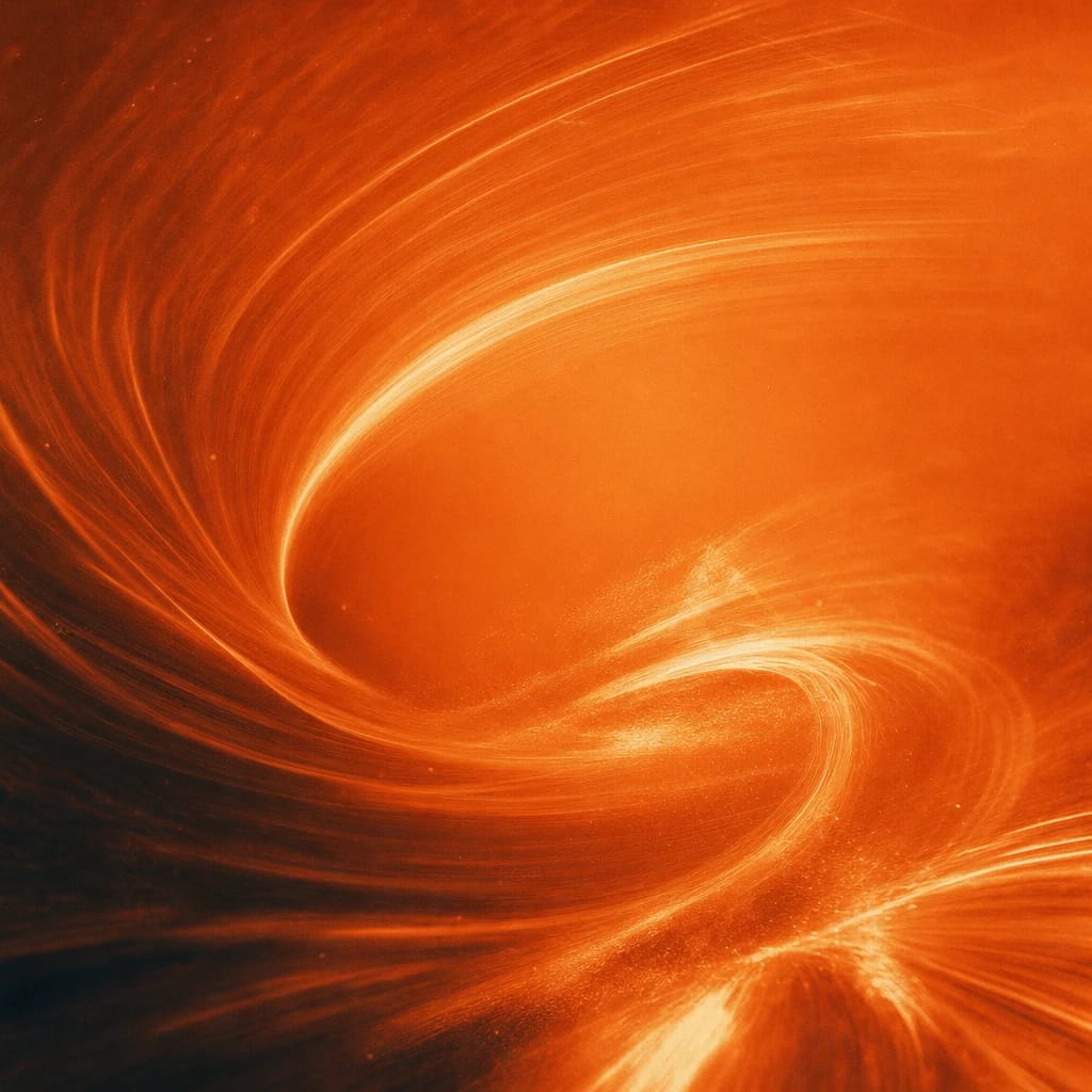 Stylized scene featuring vivid splash of swirling neon lines in mid-motion, rendered in burnt orange #C94A18