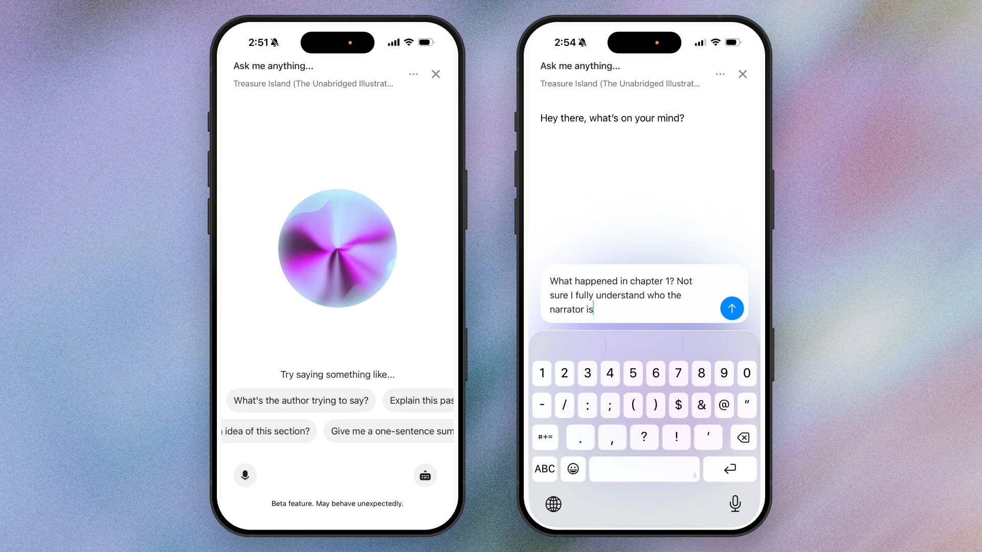 Two smartphone screens showing a voice assistant interface discussing "Treasure Island."