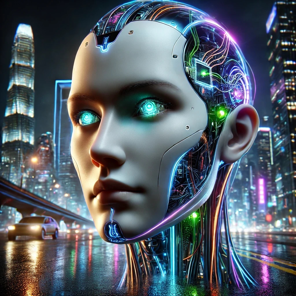 A futuristic humanoid robot with glowing eyes and an illuminated, circuit-filled head against a cityscape at night.