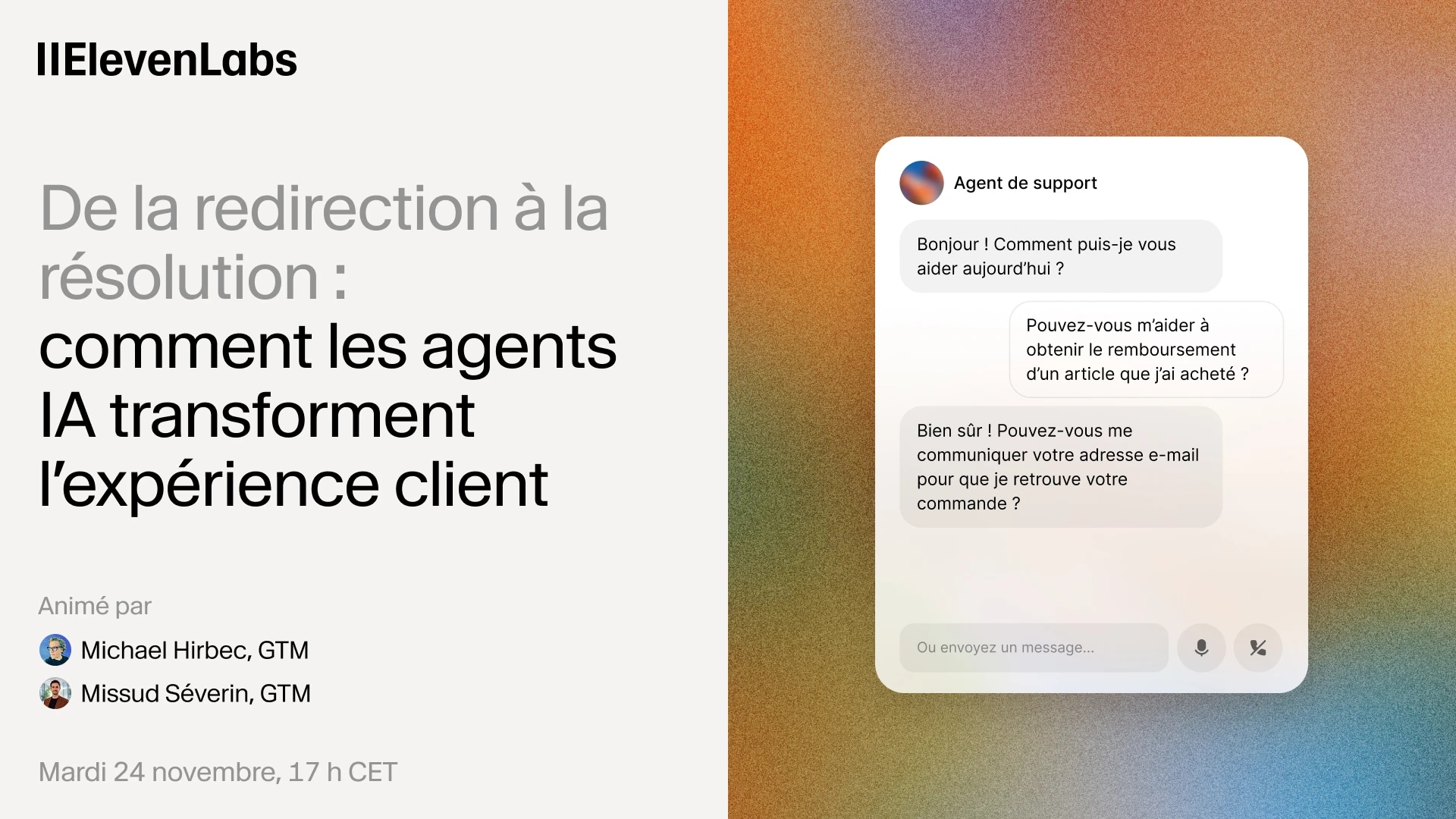 Webinaire ElevenLabs : des agents IA transforment le support client, illustré par un chat.