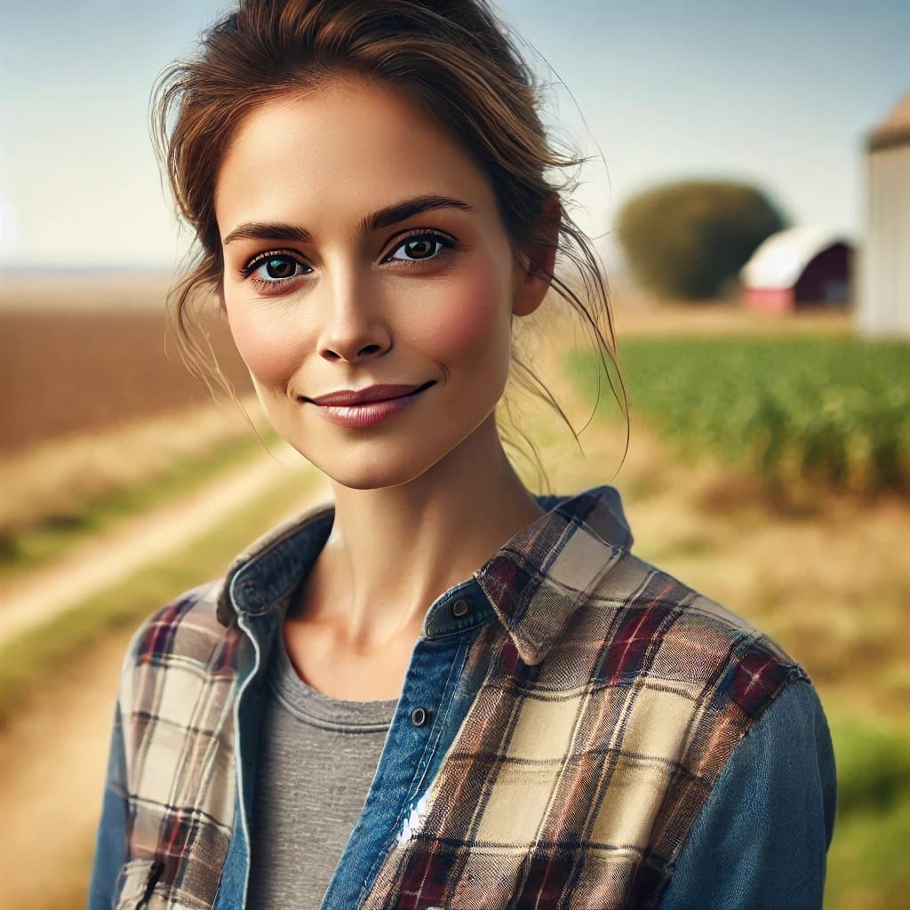 A young woman with brown hair and blue eyes smiling outdoors in a rural setting.