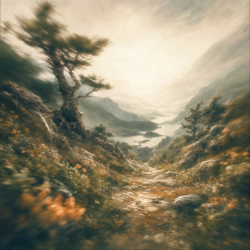 Stylized scene featuring a rugged mountain path bordered by twisted, weathered trees and stubborn wildflowers thriving in rocky soil, rendered in deep forest green, off-white, and warm orange