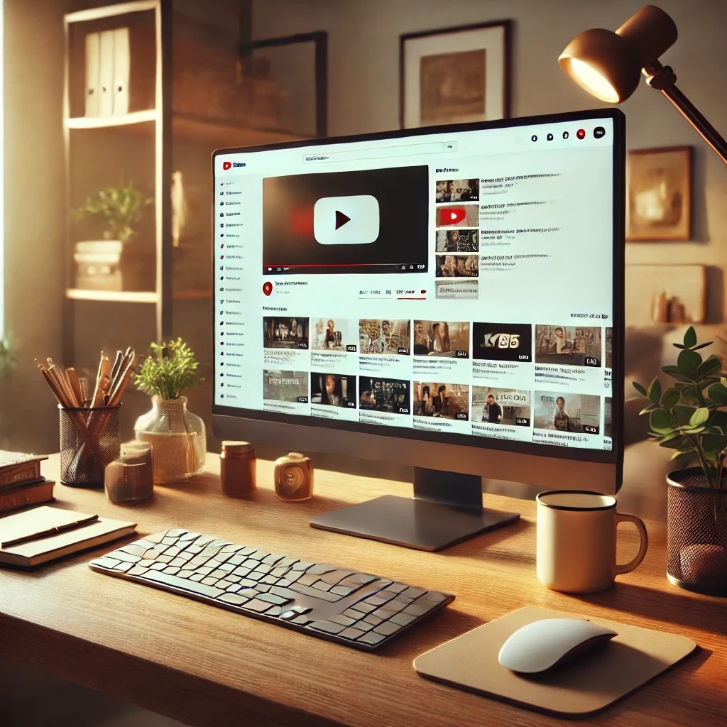 A computer monitor displaying YouTube videos on a wooden desk with a keyboard, mouse, plants, and a desk lamp in a cozy, well-lit room.