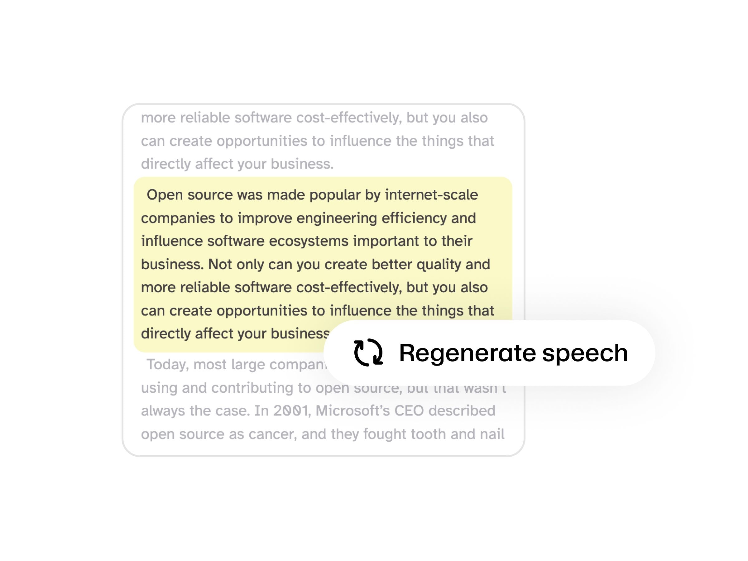Highlighted text with a speech bubble that says "Regenerate speech".